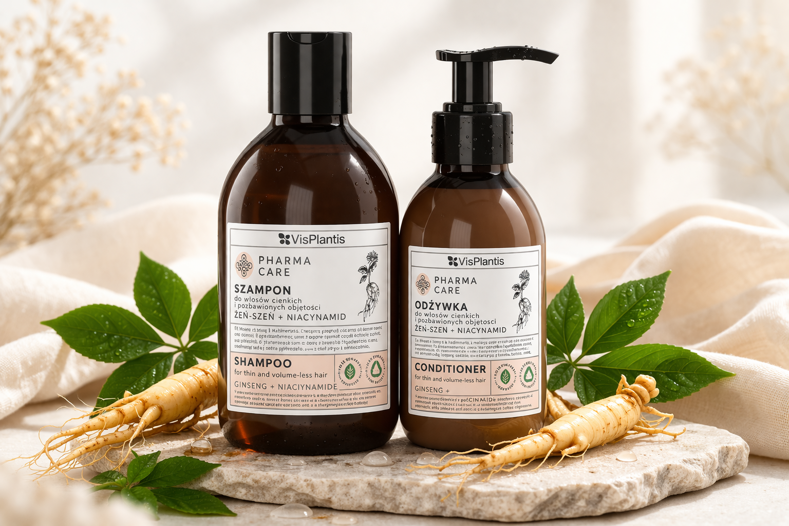 Set pentru păr subțire și lipsit de volum – Șampon + Balsam Pharma Care cu Ginseng și Niacinamidă